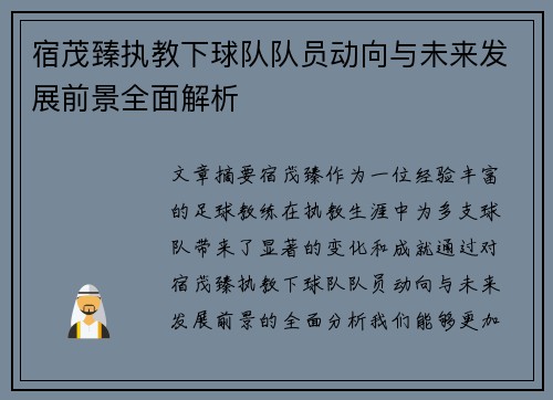 宿茂臻执教下球队队员动向与未来发展前景全面解析