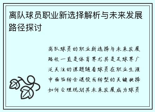 离队球员职业新选择解析与未来发展路径探讨