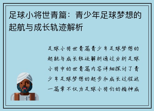 足球小将世青篇：青少年足球梦想的起航与成长轨迹解析